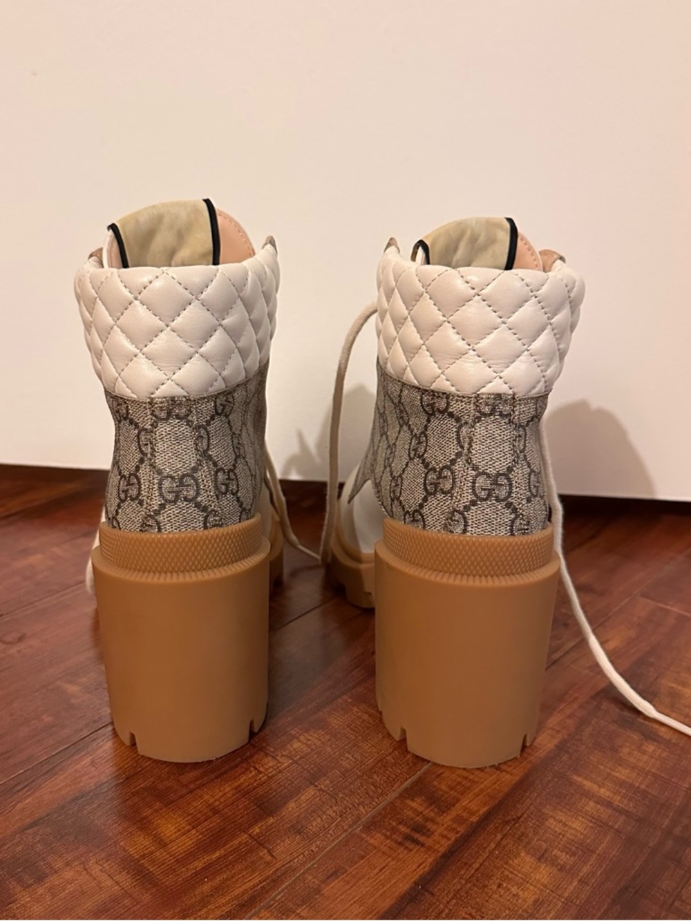 Gucci White Leather & Brown GG Canvas Quilted Lace-Up Heeled Boot - Picture 5 of 7